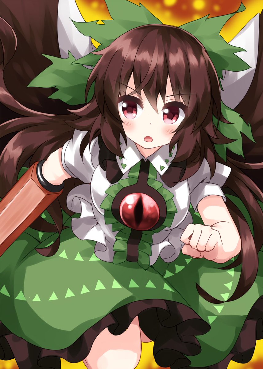 reiuji utsuho 1girl solo skirt long hair bow arm cannon weapon  illustration images