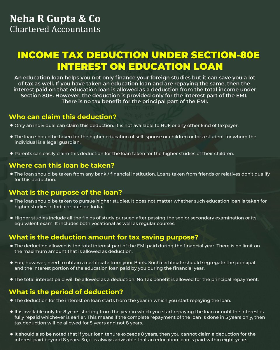 NehaRGuptaCo's tweet image. INCOME TAX DEDUCTION UNDER SECTION-80E INTEREST ON EDUCATION LOAN!

Follow us for more
@NehaRGuptaCo

#incometax #incometaxdeduction #section80e #interestoneducationloan #india