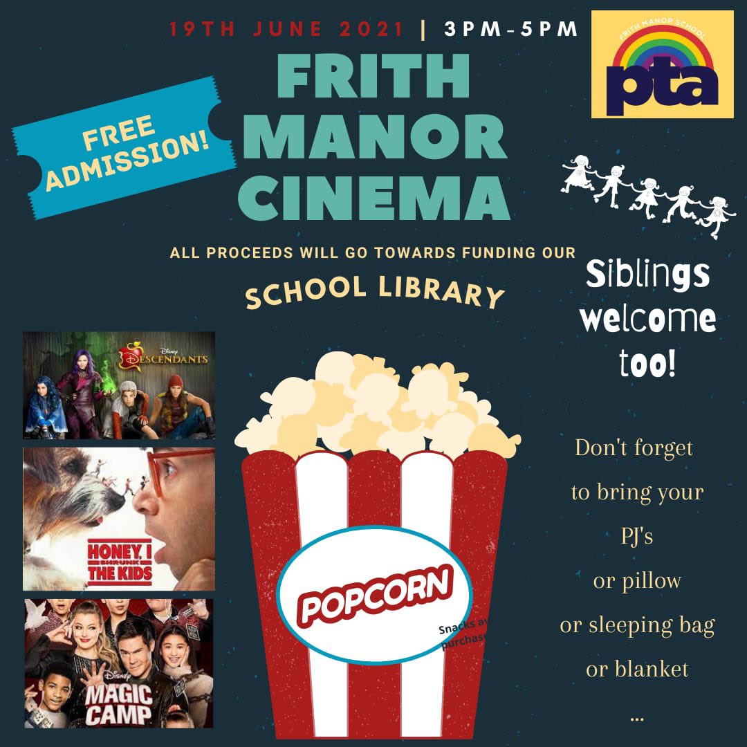 Keep the kids busy this rainy afternoon at the PTA Frith Manor Cinema 📺🍿3-5pm, free entry, and three films to choose from. Bring money for snacks and drinks as everything raised goes directly towards helping our kids. Sit back, relax and enjoy! #frithmanor_n12 #fundraising