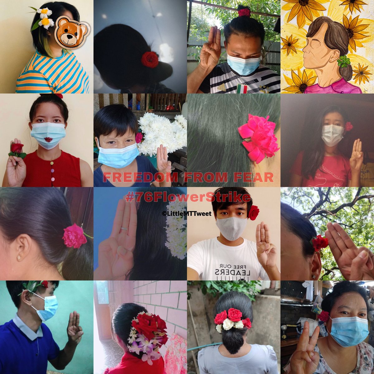 katycho22222's tweet photo. Me and my friends staged anti-coup flower strike in honor of State Counselor Daw Aung San Suu Kyi's 76th Birthday.  [LittleMTTweet Channel Present]  FREEDOM FROM FEAR #76FlowerStrike #June19Coup #WhatsHappeningInMyanmar https://t.co/R3xmgbZNoV