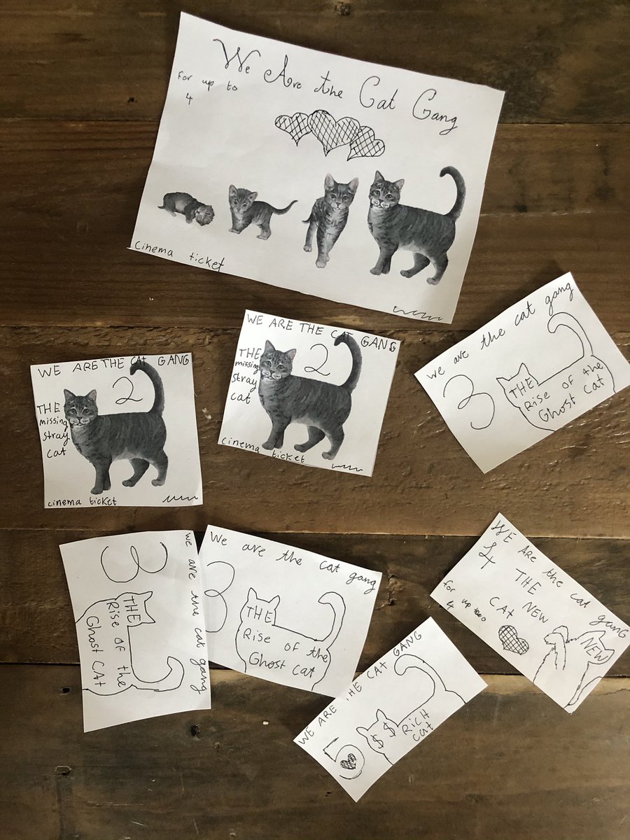 My daughter is killing me with her creativity! Look at the cinema tickets with cat movie sequel she created: 

1: “We are the cat gang” 
2: “WATCG” - The missing straycat
3: “WATCG” - The rise of the ghost cat
4: “WATCG” - The new cat
5: “WATCG” - Rich cat

#kidscreativity 🤗