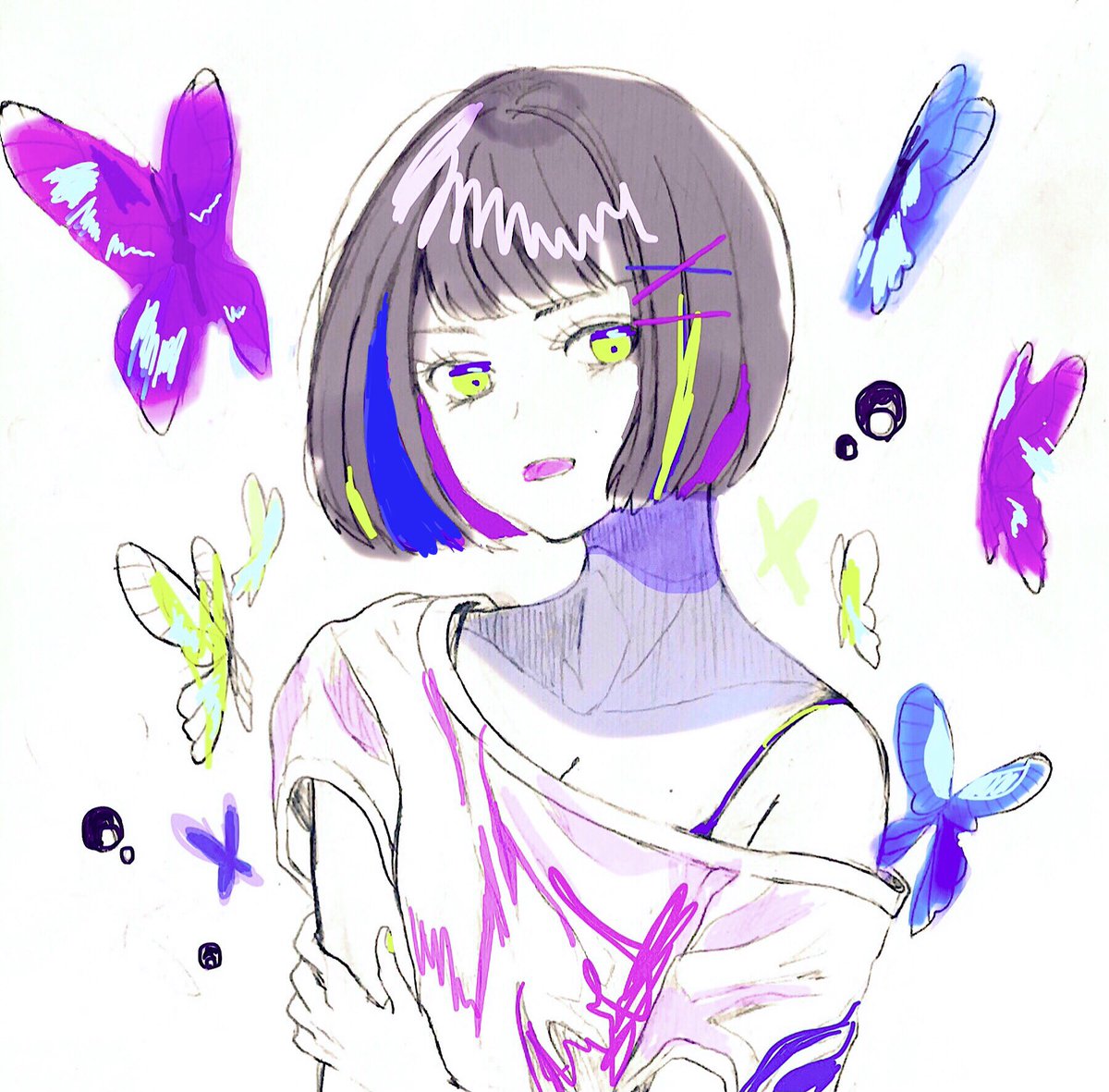 蝶メイキング
🌈🦋💜

ラフ→色ラフ→線画→完成❗️

#メイキング
#蝶
#作画工程 https://t.co/FrC1UYK6TU 