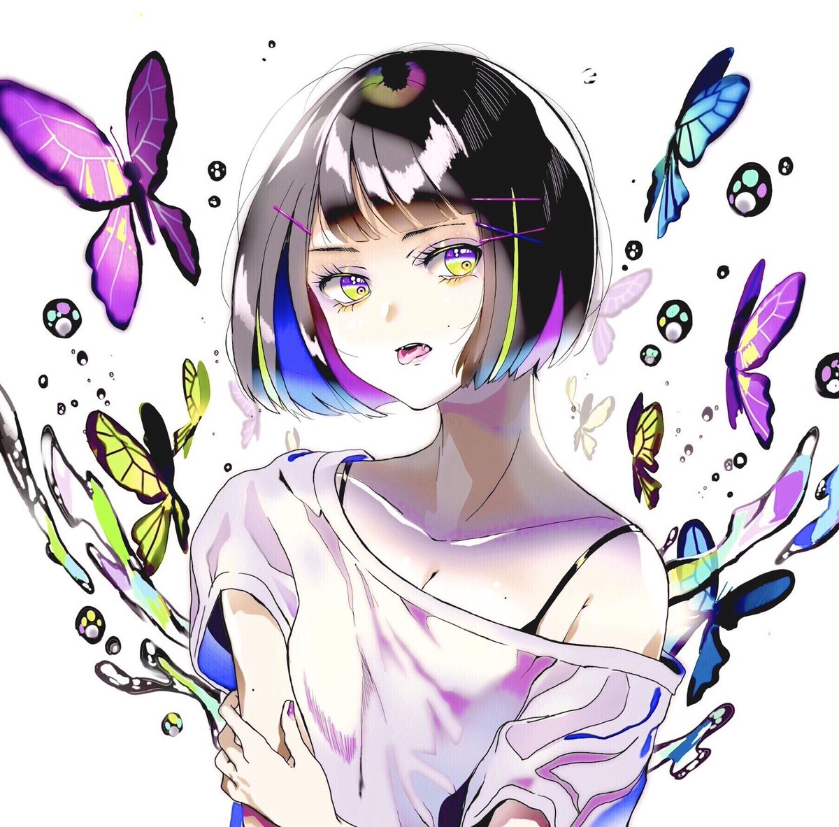 蝶メイキング
🌈🦋💜

ラフ→色ラフ→線画→完成❗️

#メイキング
#蝶
#作画工程 https://t.co/FrC1UYK6TU 