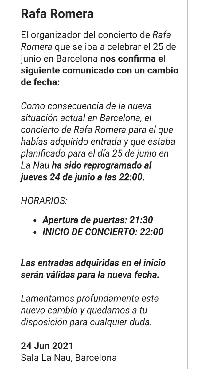 ApoyoRafa's tweet photo. holaaa se acerca el concierto de Rafa en Barcelona y solo os quería recordar, si se os pasó leer el mail, que si tenéis entrada para el día 25/06 se pasó al día 24/06 en un segundo pase a las 22h

os dejo captura del mail que tendríais que haber recibido https://t.co/ydOUWqToKR