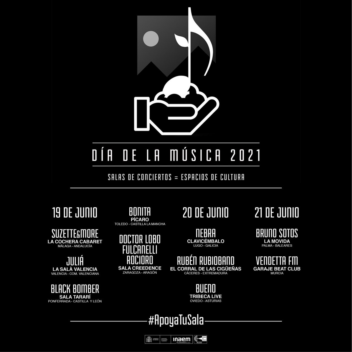 🎶 ¡Desde hoy hasta el próximo lunes 21 celebramos el #DíaDeLaMúsica en 1️⃣0️⃣ salas de conciertos repartidas por 1️⃣0️⃣ comunidades autónomas!

🔸 Una actividad coordinada por <a href="/Salasconciertos/">Salas de Conciertos</a> y el patrocinio y colaboración del <a href="/INAEM_Cultura/">INAEM</a> .

👉 salasdeconciertos.com 👈