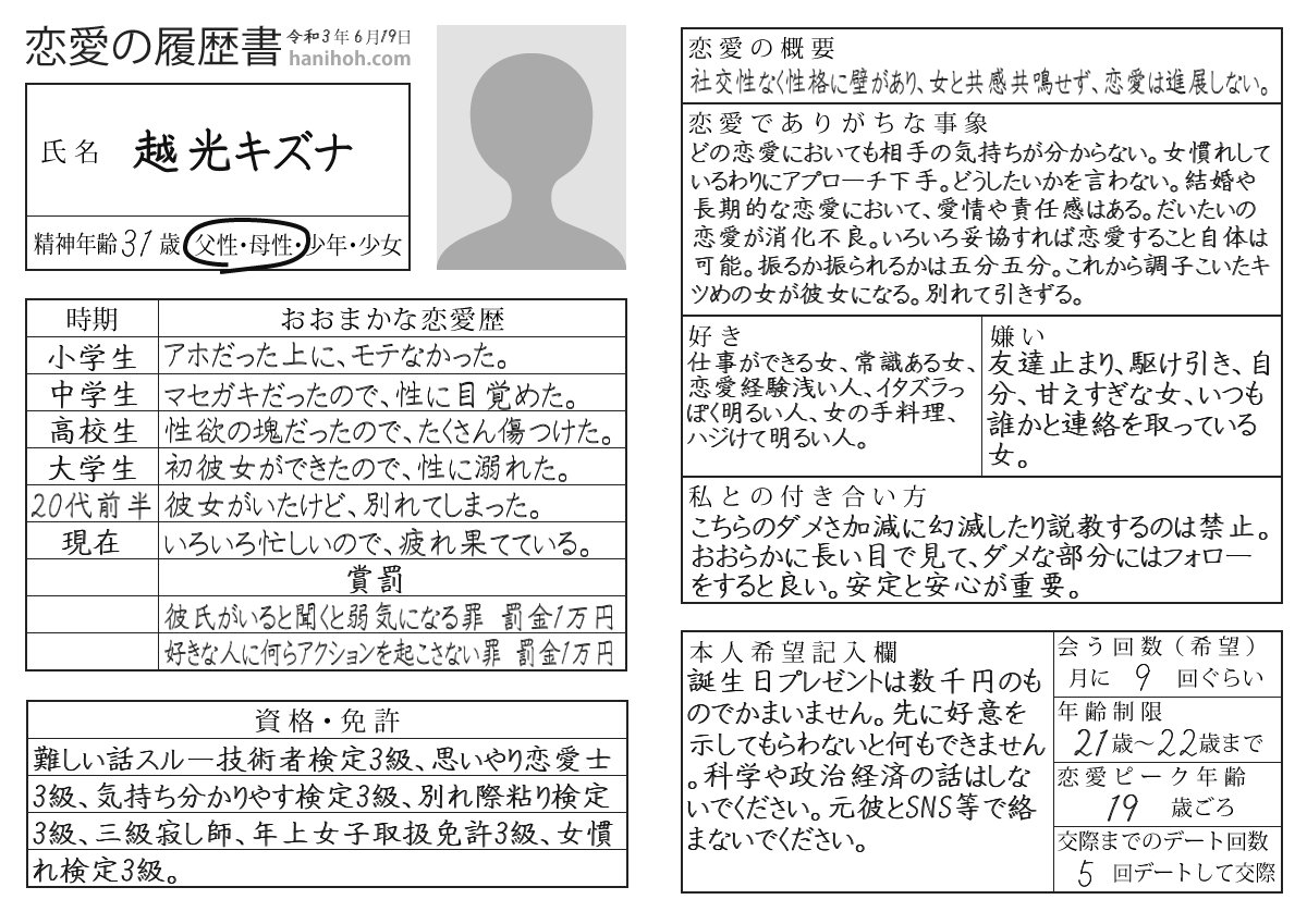 越光キズナ アーク様信者 履歴書診断 恋愛の履歴書という物を書いてみた 越光キズナ アーク様信者 履歴書診断 恋愛の履歴書という物を書いてみた