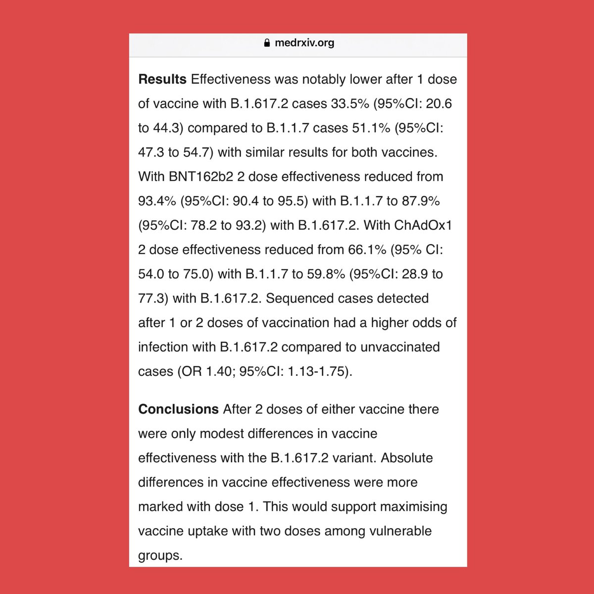 mehmetceyhan23's tweet photo. Tek doz Biontech/Pfizer aşısının etkisi delta varyantına karşı % 35,5, İngiltere varyantına karşı ise % 51,1. İki dozdan sonra İngiltere varyantına karşı % 87,9, Hindistan varyantına karşı ise % 59,8. Gelen bütün aşıyı 1. doz olarak kullanıp, https://t.co/VLmcJQZV7x