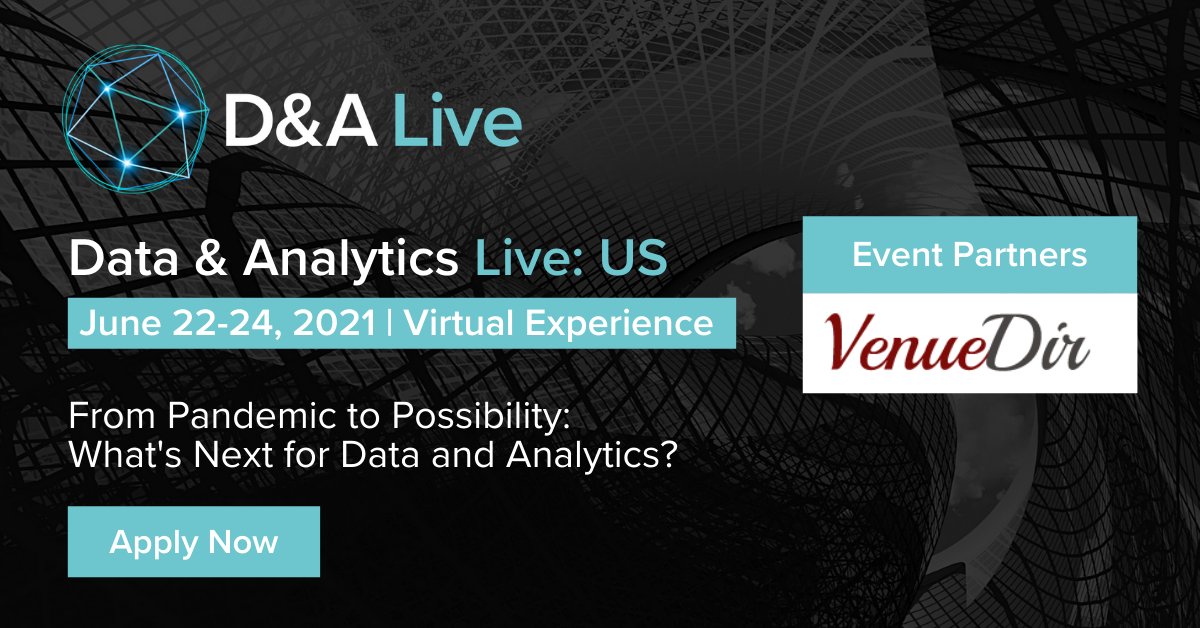 CoriniumGlobal's tweet photo. On June 22 - 24, 2021 we will be live with Data & Analytics Live: US. We are so excited to be working with VenueDir as a media partner.
Register now free of charge! https://t.co/2LMYKk52Po #DataAnalyticsLive #Networking #CDO #CIO #Data https://t.co/g5MPXKc8HG