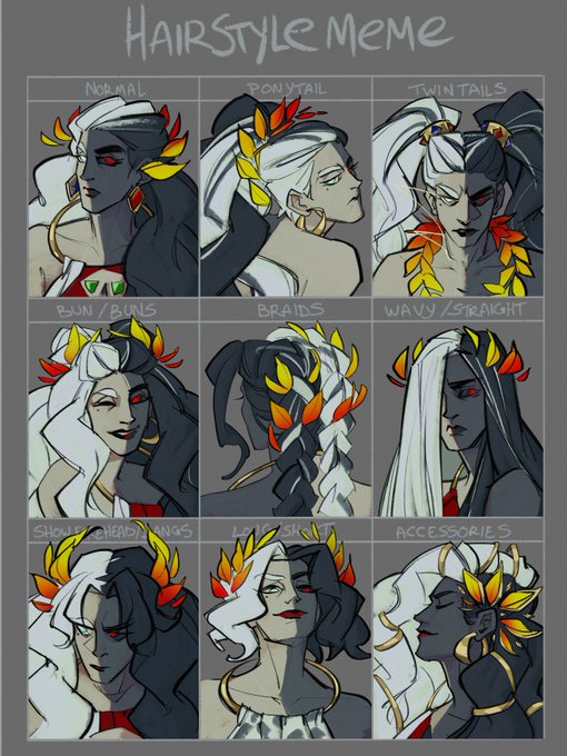 Melinoe has so cool, super thick hair and you can do a lot of cool hairstyles with it  *~*
I originally wanted to draw her with straight hair, like in the 6th frame, and then I wanted to draw her with braids. I gave up the idea of straight hair, but I still like the braid idea. 