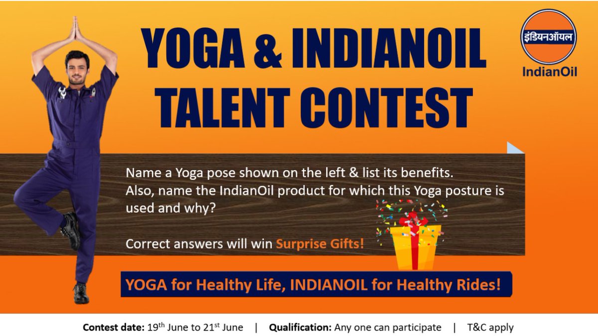 #InternationalYogaDay2021 Talent Contest
1️⃣Follow @IOC_Maharashtra @IOCGujarat @iocl_goa @ioclmp @IOC_CG @CryoIoc
2️⃣Tag & invite 2 friends to contest
3️⃣Submit your entries replying to this tweet
4️⃣Win prizes
#YogaDay #YogaDay2021
#ContestIndia #ContestAlert #YogaForWellness https://t.co/6NGnXkP6KV