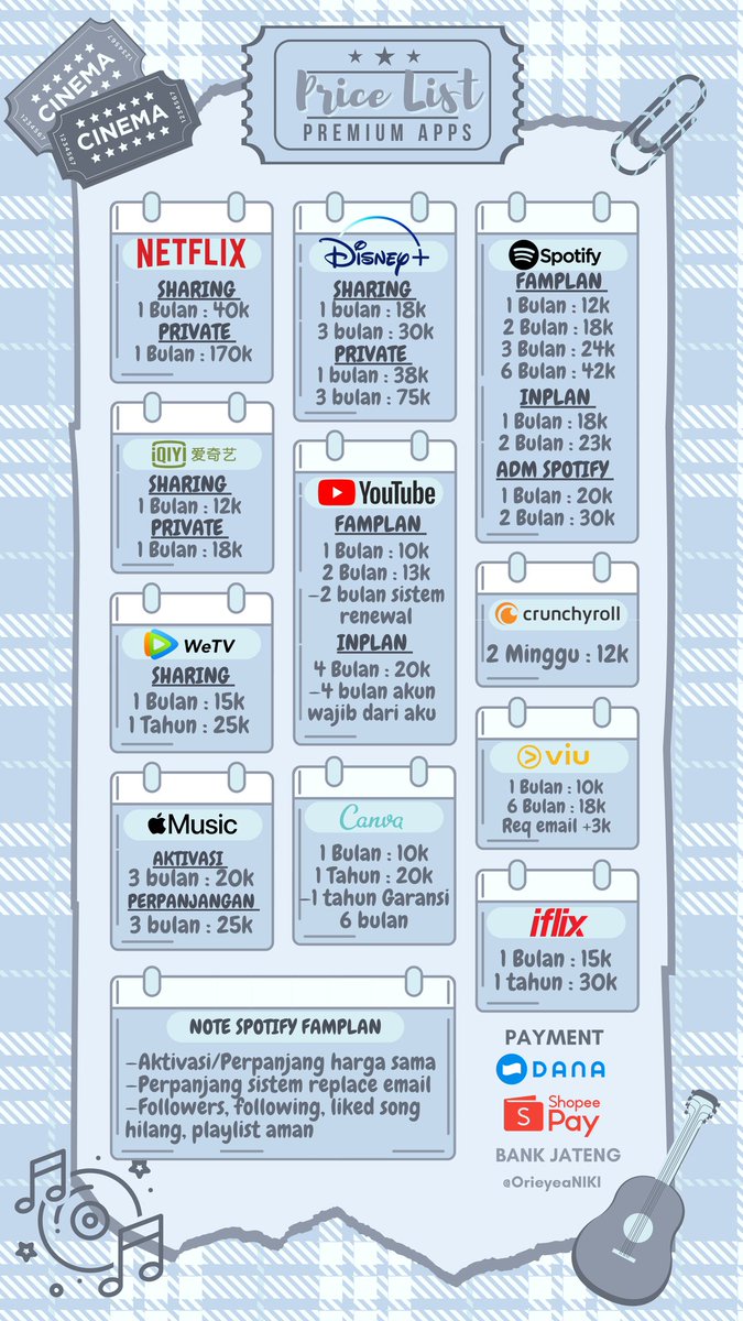 sini yug!!
nyari app premium? @OrieyeaNIKI lagi open nih ! ada netflix, spotify, youtube, wetv, applemusic, viu dll. 🤗
✅ 💯 legal 
✅ bergaransi 
✅ trusted 
✅ fast, max proses 1 x 24 jam 
💰 dana, shoppepay, bank jateng. 
testi bisa cek bio ya! yuu langsung dm @OrieyeaNIKI