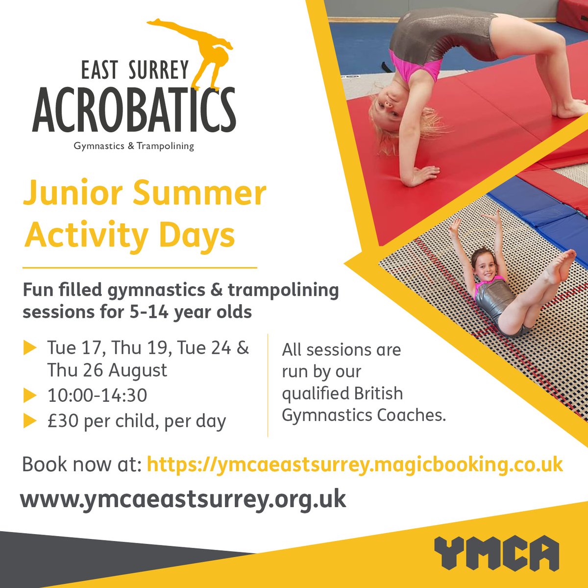 Junior Summer Activity Days with <a href="/ESAcrobatics/">EastSurreyAcrobatics</a>.
Fun filled gymnastics and trampolining sessions for 5-14 year olds in #Reigate and #Redhill.
Find out more or book a place at ymcaeastsurrey.org.uk/our-services/c…