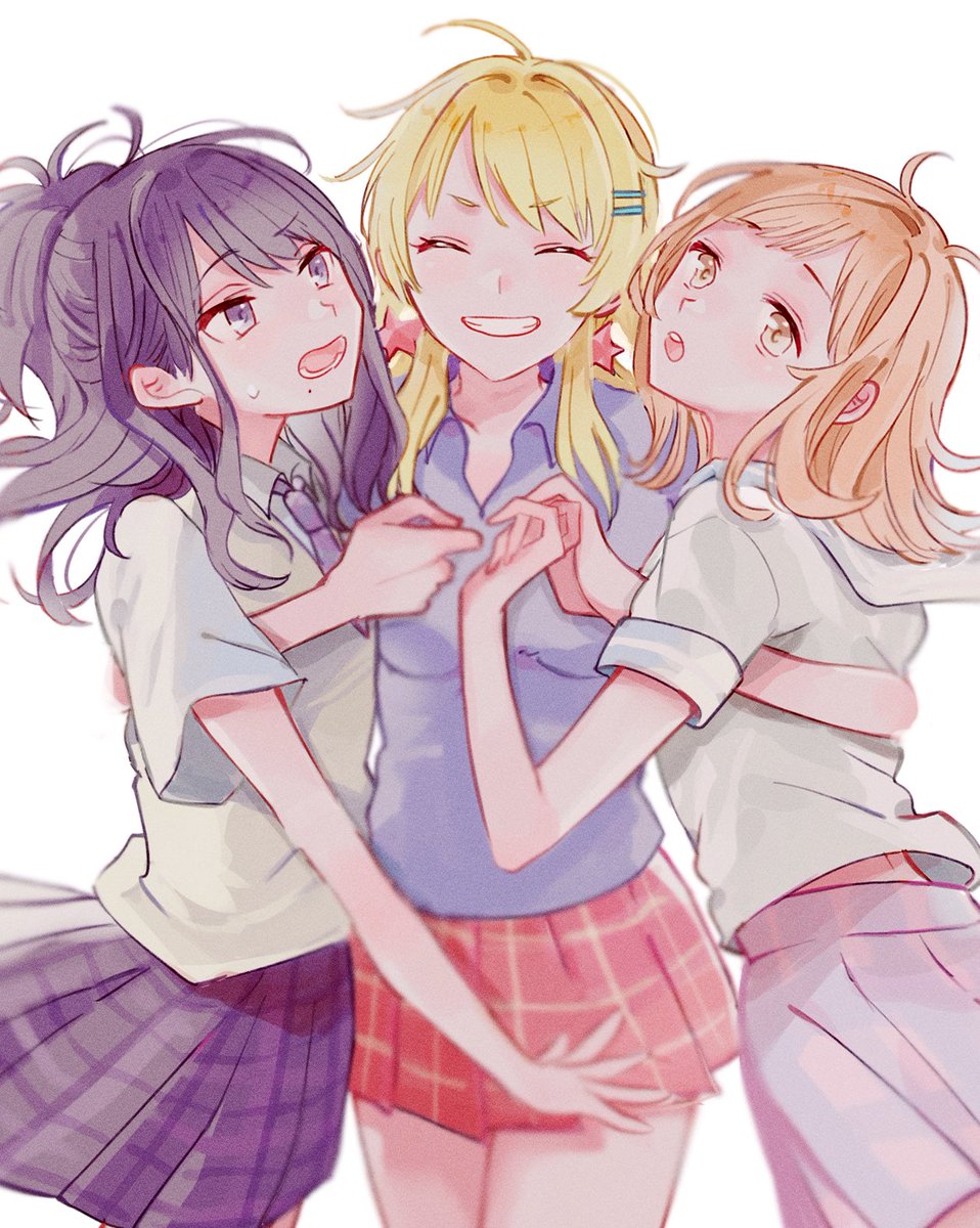 hachimiya meguru ,kazano hiori ,sakuragi mano multiple girls 3girls mole under mouth skirt blonde hair school uniform mole  illustration images