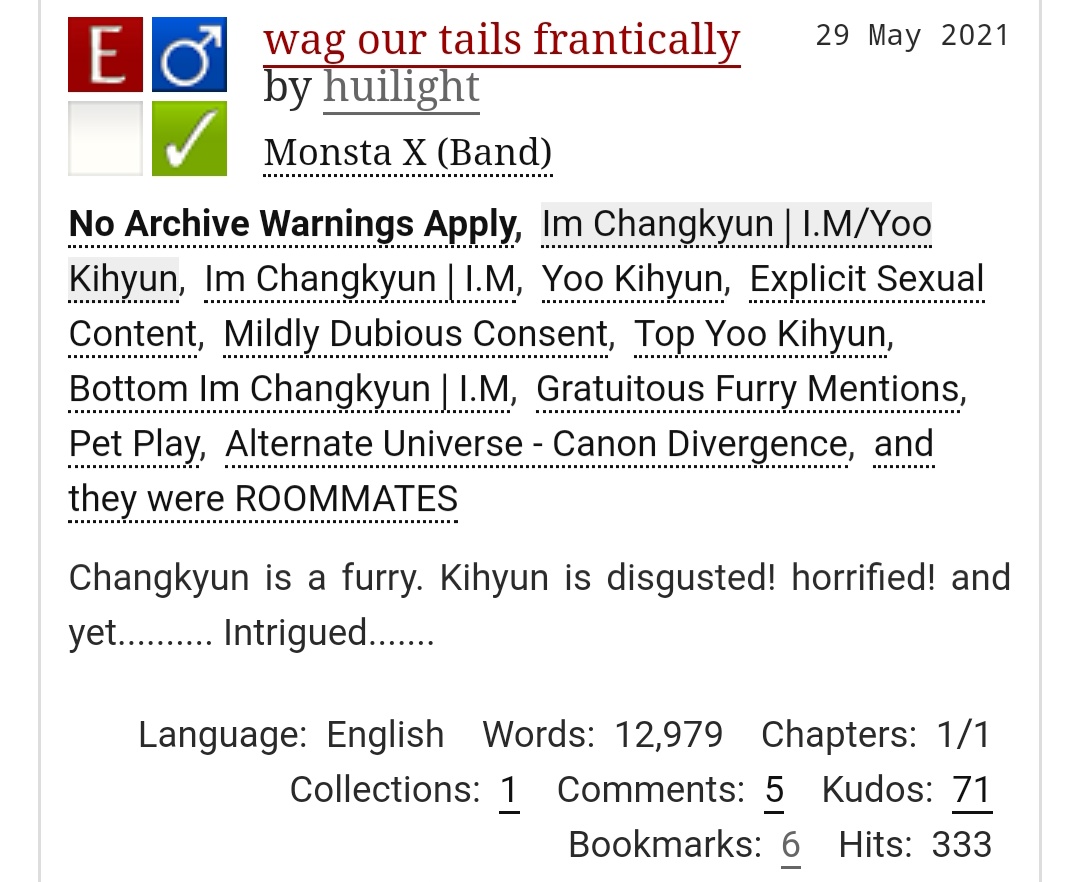 huilight's tweet photo. Wag our tails frantically 
- Changkyun/Kihyun
- Explicit
- 13k
- Written for @monstaxficfest

Changkyun is a furry. Kihyun is disgusted! horrified! and yet.......... Intrigued....... https://t.co/5CHQLYOj70