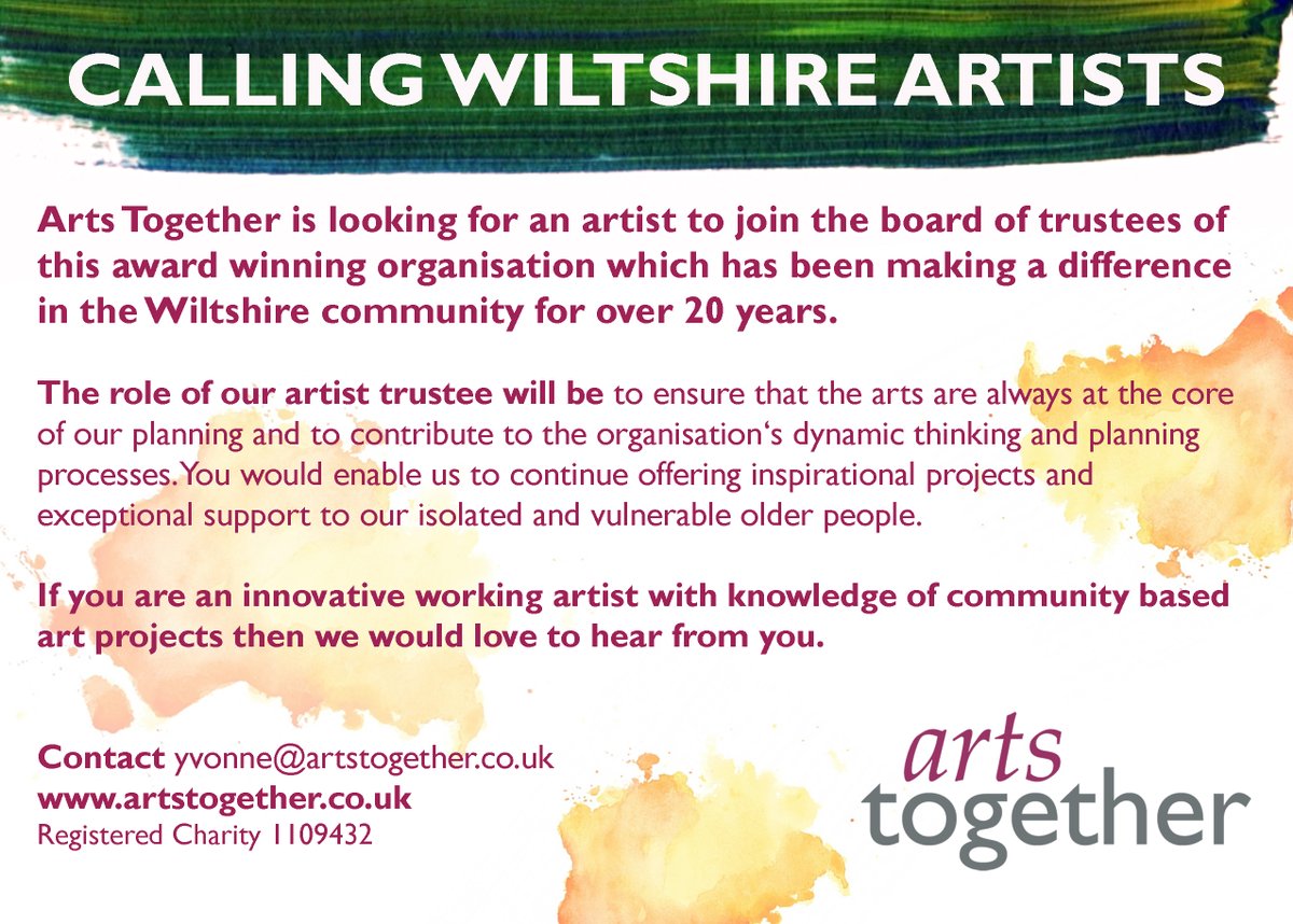 We are looking for an artist trustee. Are you an innovative Wiltshire artist who wants to make a difference to the lives of older people? Get in touch.