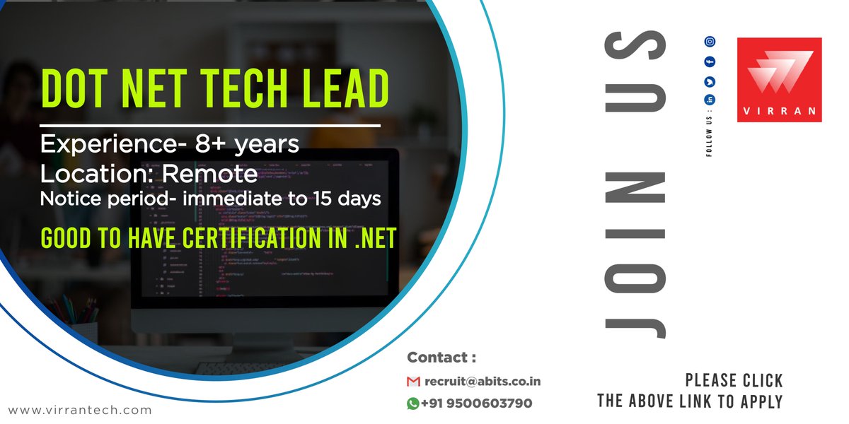 Hiring Dot Net Lead!!!

Skills Required:

-> 6 to 8 years of development experience

-> Must have working experience on SOAP and REST API

Link: lnkd.in/gmBvyUp

#SSGroup #dotnetlead #chennaijobs #joinus #hiringpost #javascript