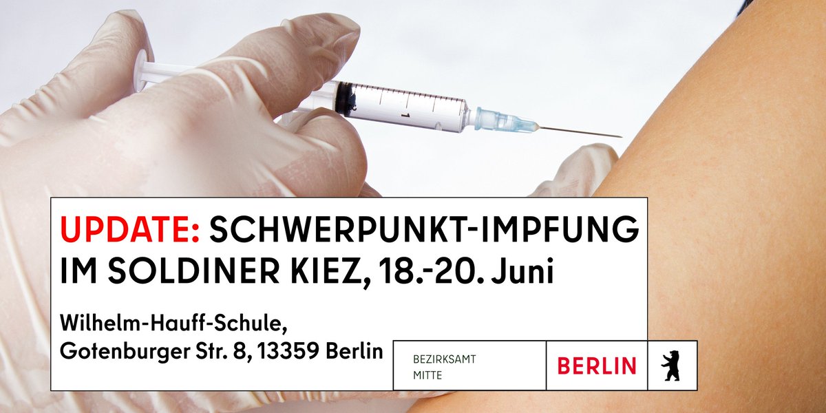 BA_Mitte_Berlin's tweet photo. Jede/r kann heute kommen und sich impfen lassen. Die #Impfaktion in der Wilhelm-Hauff-Schule ist für alle freigegeben (nicht nur Menschen aus Mitte). Bitte finden Sie sich bis 17 Uhr in der Gotenburger Straße 8 ein. #mitteimpft https://t.co/kN0HEzcqIw