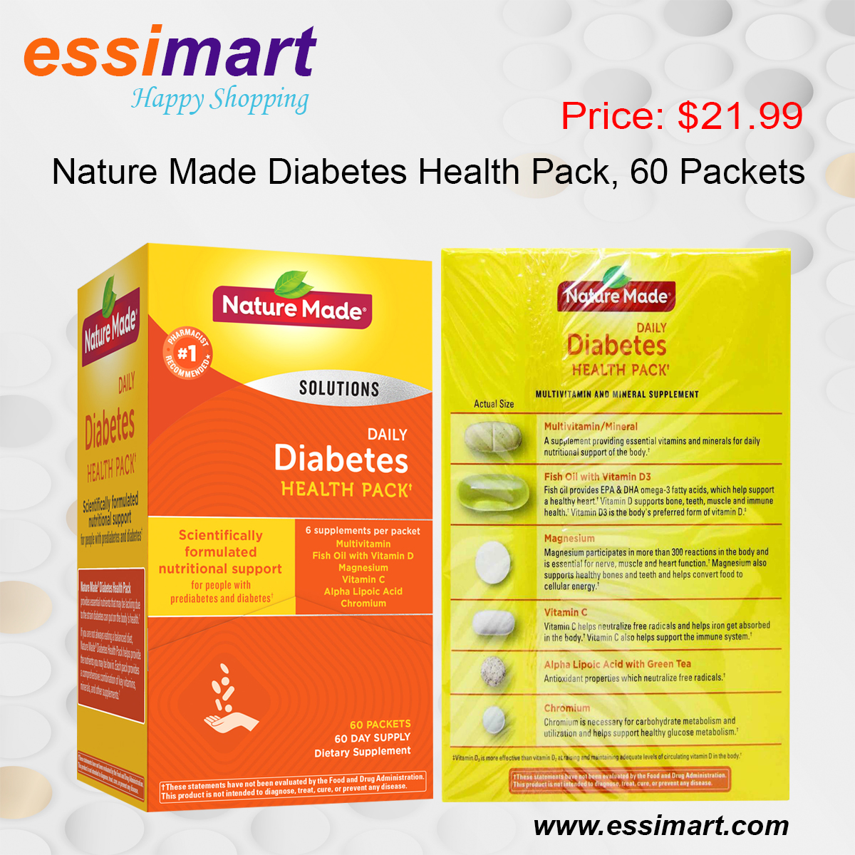 essimart's tweet image. Nature Made Diabetes Health Pack, 60 Packets.
Price: $21.99
Details: essimart.com
Features:
6 Supplements per Packet
Multivitamin, Fish Oil, Magnesium, Vitamin C, Alpha Lipoic Acid, Chromium
Gluten-Free &amp;amp; Sugar-Free
Multivitamin and Multi-mineral vitamin supplement