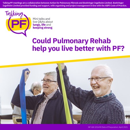ActionPFcharity's tweet photo. Could #PulmonaryRehab help you live better with #PF? Hear from those who’ve tried it - by tuning into our free Zoom seminar on 23rd June at 8pm. Ron and Lorna will answer your questions live. To join the chat, follow the link to register: https://t.co/tN9sYUCJOe #TalkingPF https://t.co/i4jmcoOztP