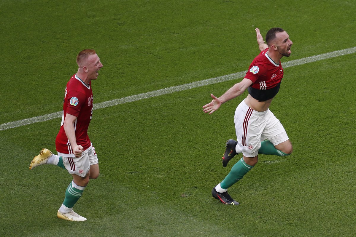 UEFAEURO's tweet photo. 🇭🇺 When you score against the world champions...

🥳 Scenes in Budapest! 

#EURO2020 https://t.co/0OQwGFqsvu