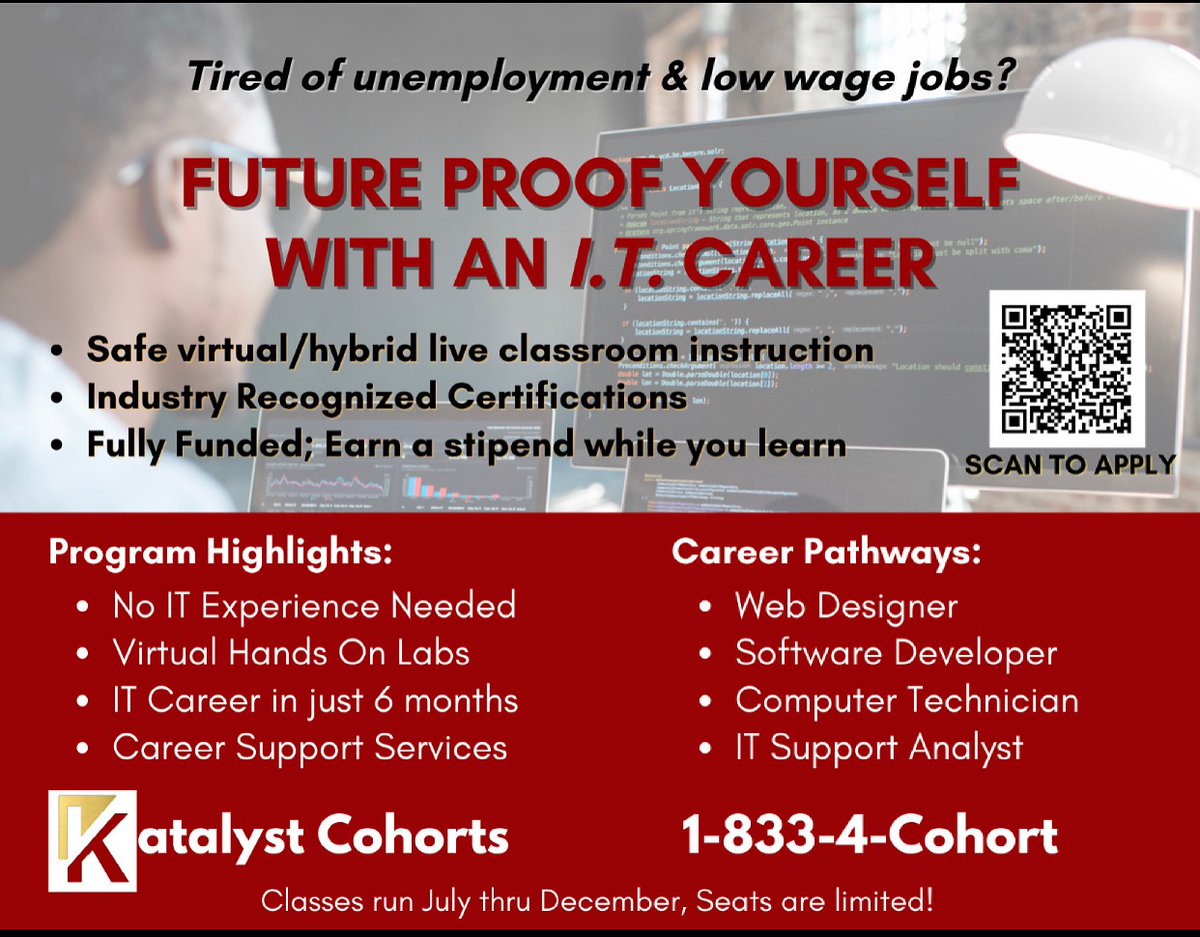 Time to Level up! 
6 months of time invested for a new start in a recession proof industry. Classes Start in July 2021. Qualify for a stipend while you learn. 
Scan the QR Code to apply...