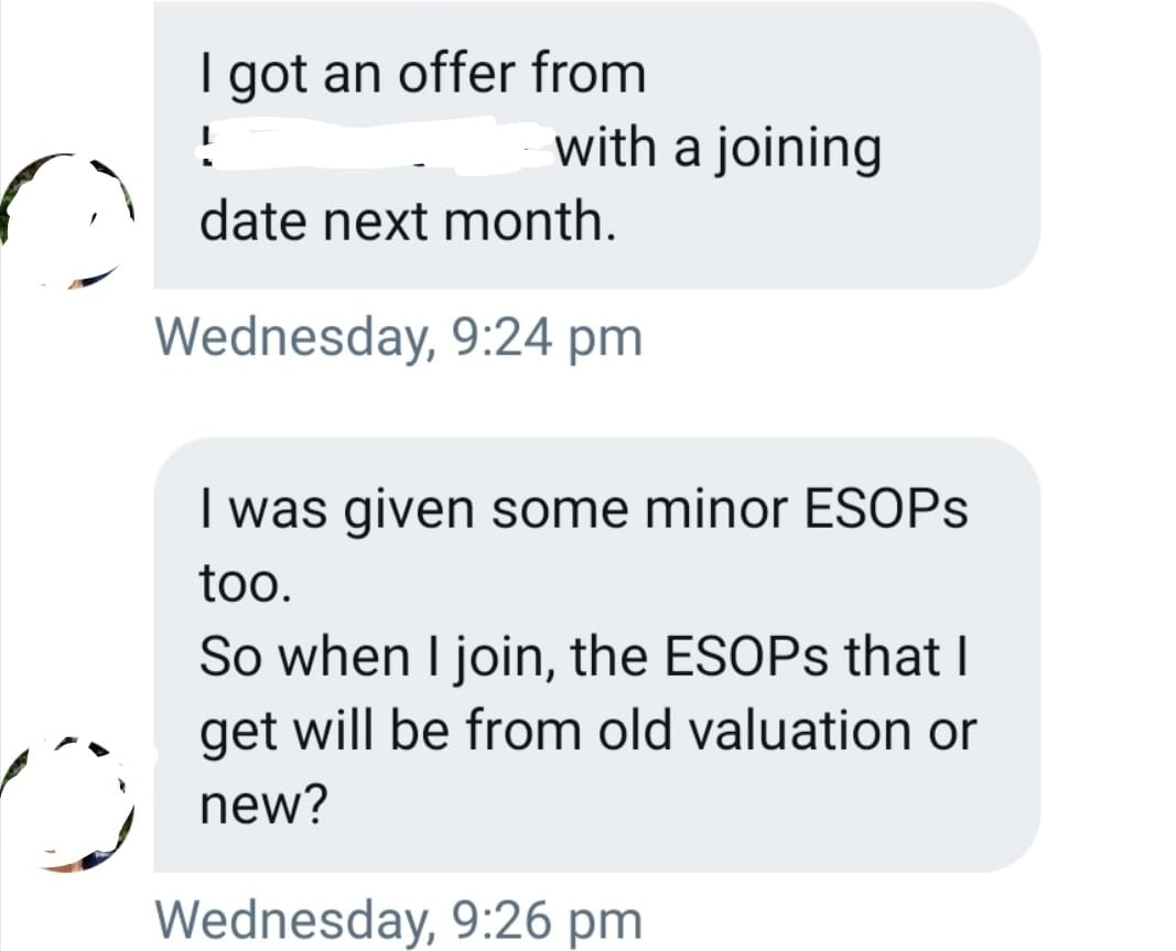 jaivardhan88's tweet photo. Interesting and valid concern. A person who is set to join a unicorn that raised a new round at lofty val.

Person concern: When I join the ESOPs that I get will be from old valuation or new?

I must say value + awareness about ESOPs have grown multi-fold in the past 2-3 years. https://t.co/iXpAZ93hzo