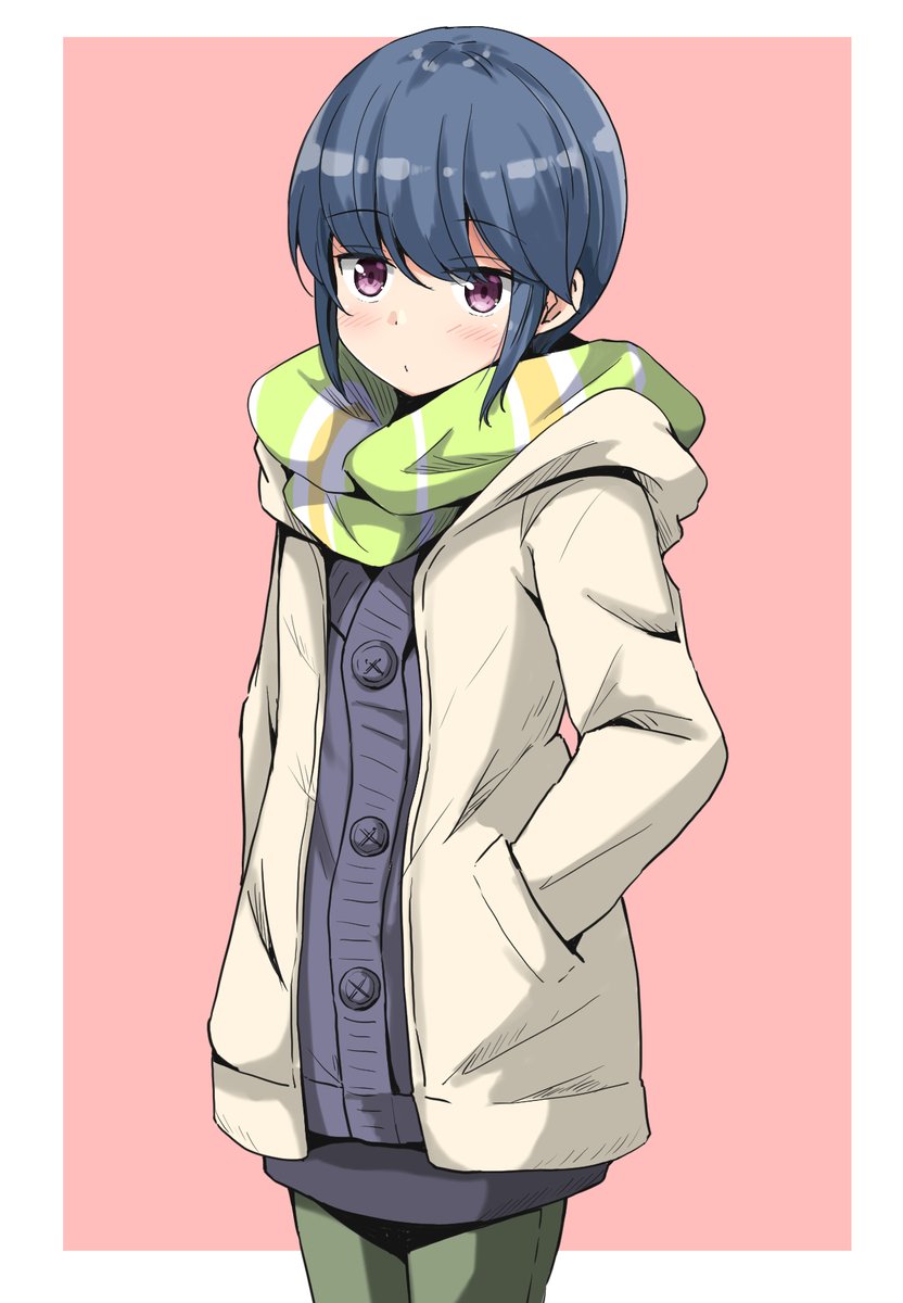 shima rin 1girl solo scarf blue hair purple eyes hands in pockets looking at viewer  illustration images