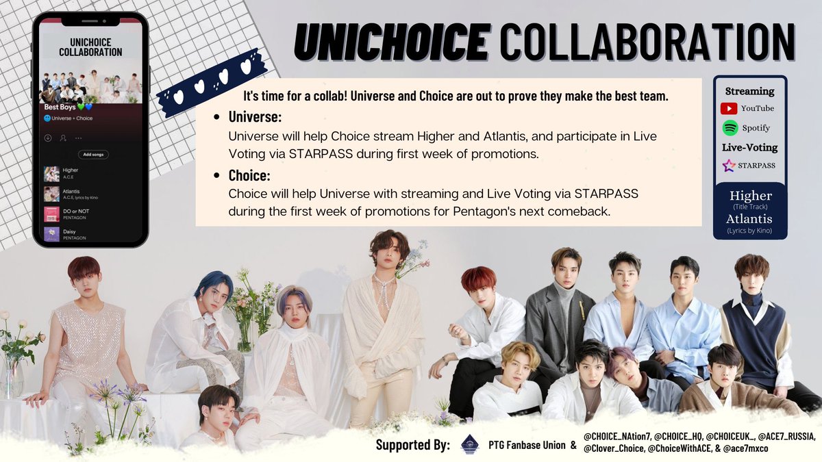 Clover_Choice's tweet photo. HEY UNICHOICE!๐ #UniChoiceCollab
Universe have agreed to help us stream & vote for #ACE_Higherย , and in return we'll show our support during Pentagon's next comeback.
Letโs help each other out, shall we?๐ฅฐ
#ACEย #์๏ฟฝ๏ฟฝ์คย #ACE_COMEBACK https://t.co/uxeejs832I