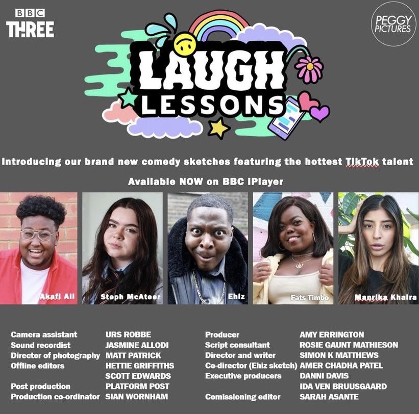 peggypicturesuk's tweet photo. Peggy’s foray into comedy is here 🎉

5 sketches featuring amazing TikTok talent, made by an awesome team 💥

1. @1EhizUfuah 
6. @fats_timbo
12. Manrika Khaira 
16. @AkafiAli
19. Steph McAteer

Available NOW 🤩

https://t.co/7ArWe5osWv

#bbc3 #laughlessons #new #comedy https://t.co/x7SGPY1Wwo
