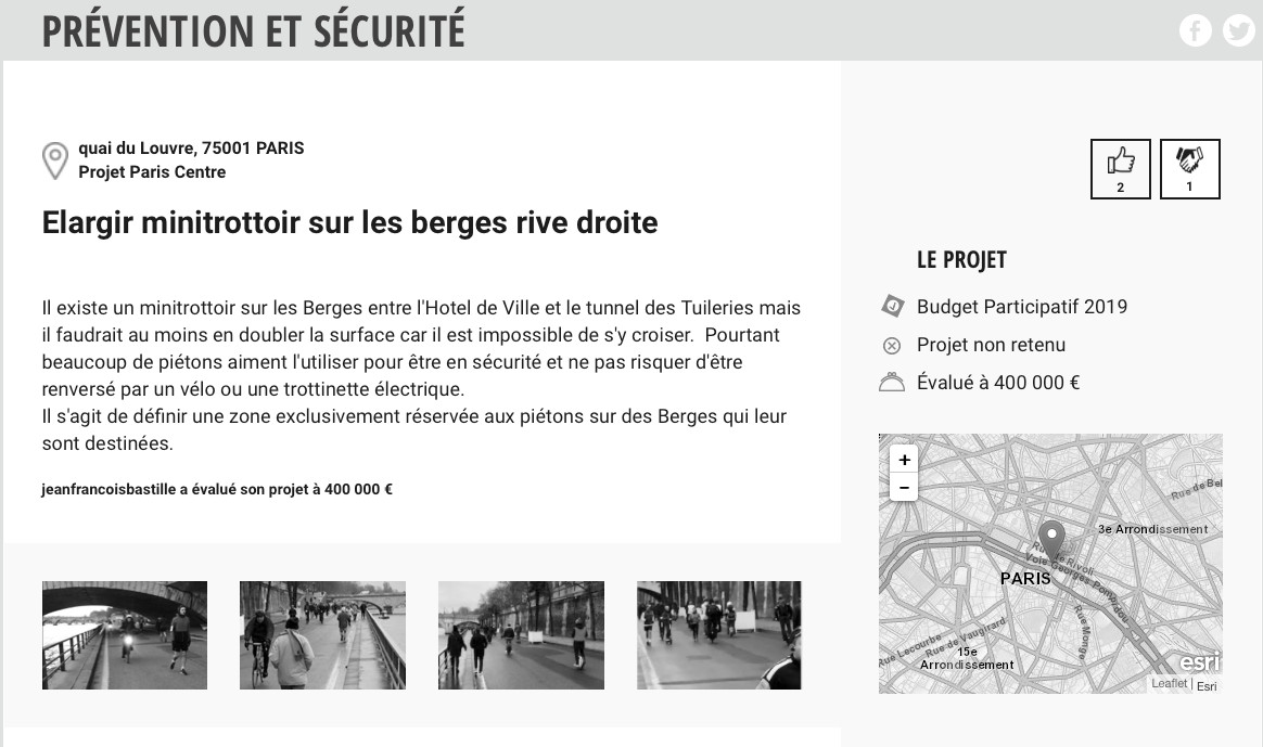 GillesToog's tweet photo. Une jeune femme italienne est décédée sur les voies sur berges à Paris, renversée par une trotinette électrique. Le budget participatif de la ville est doté de 100 millions d'euros. Je découvre ce projet proposé par un particulier, non retenu par l'équipe d'Anne Hidalgo. Triste. https://t.co/OQjztvRXyj