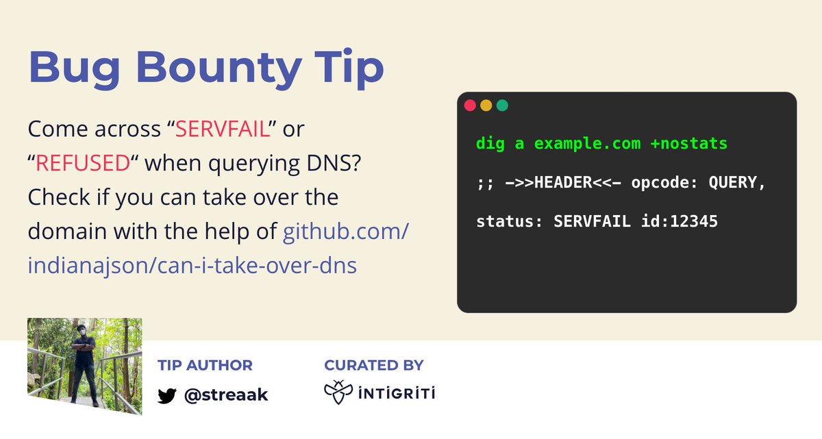 intigriti's tweet photo. 🔍 Still trying to find your first domain/subdomain takeover vulnerability? Go to https://t.co/ORujp6DSp7 for a curated DNS takeover list. 

Thanks @streaak for this #bugbountytip! 

#bugbountytips https://t.co/kSHY0WbSyo