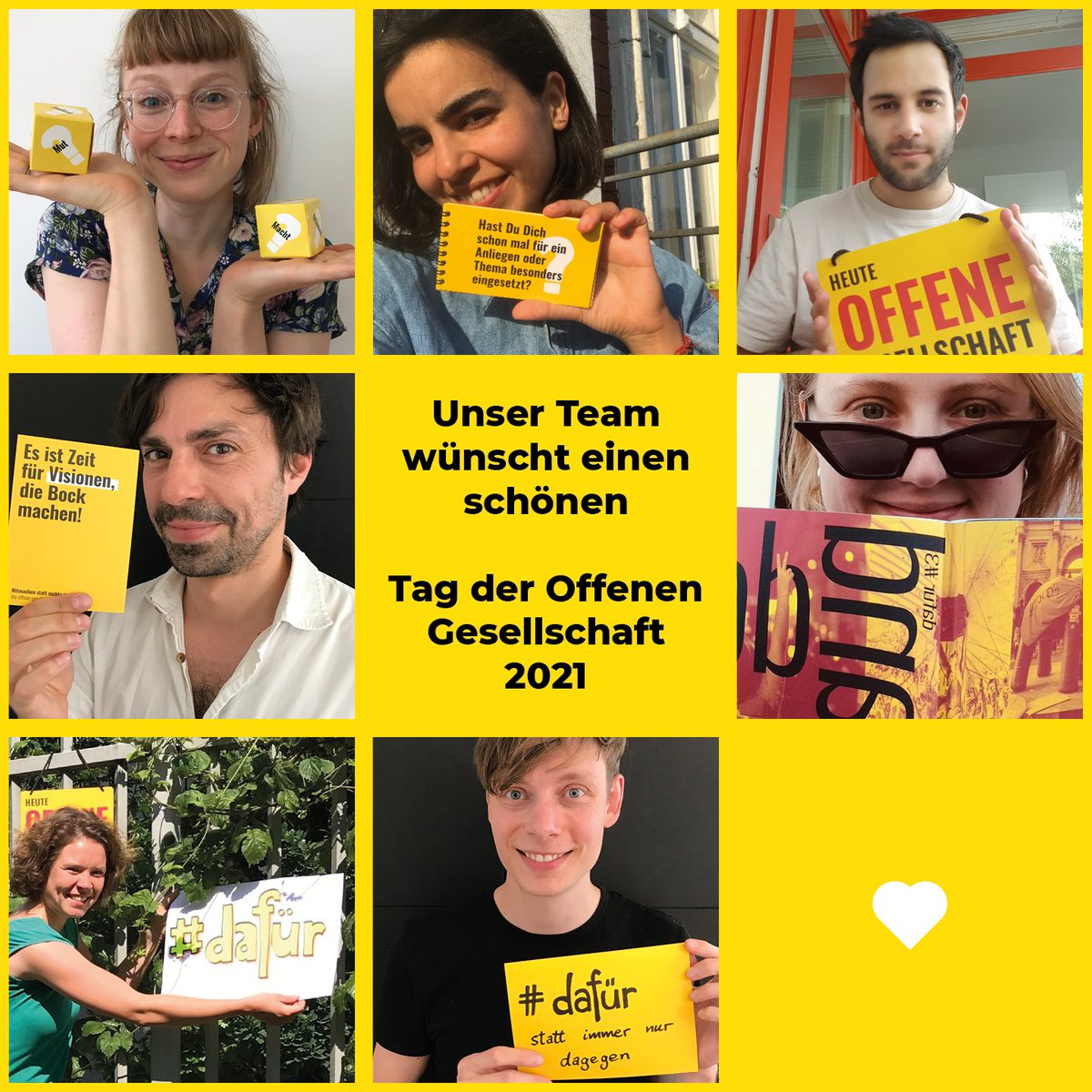 Wir wünschen allen einen schönen Tag der Offenen Gesellschaft 2021! 💛 Gemeinsam setzen wir Zeichen für Vielfalt, Zusammenhalt, Gerechtigkeit und Demokratie. Jetzt spontan mitmachen mit #TdOG21
Wir danken allen, die mitmachen und freuen uns auf eure Beiträge! 🙌