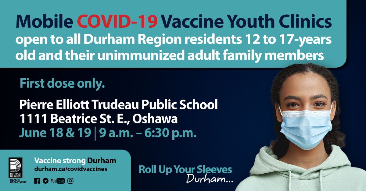 Check out this mobile #COVID19 vaccine youth clinic. 

Open to all Durham residents 12-17 yrs old &amp; their unimmunized family members 12+. 
1st dose only.

📅 June 19 - 9am - 6:30pm
📍 <a href="/PETTrailblazer/">PierreETrudeauPS</a> Oshawa

Walk-up. No appointment required.
Proof of age required.
