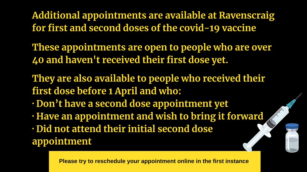 NHSLanarkshire's tweet photo. For the next week, we have an additional 1,000 appointments a day at our covid-19 vaccination centre at Ravenscraig. You can reschedule your appointment online – details will be on your appointment letter. If you don’t have a letter, visit https://t.co/mG91m8dw9z https://t.co/eib9PLpEfy