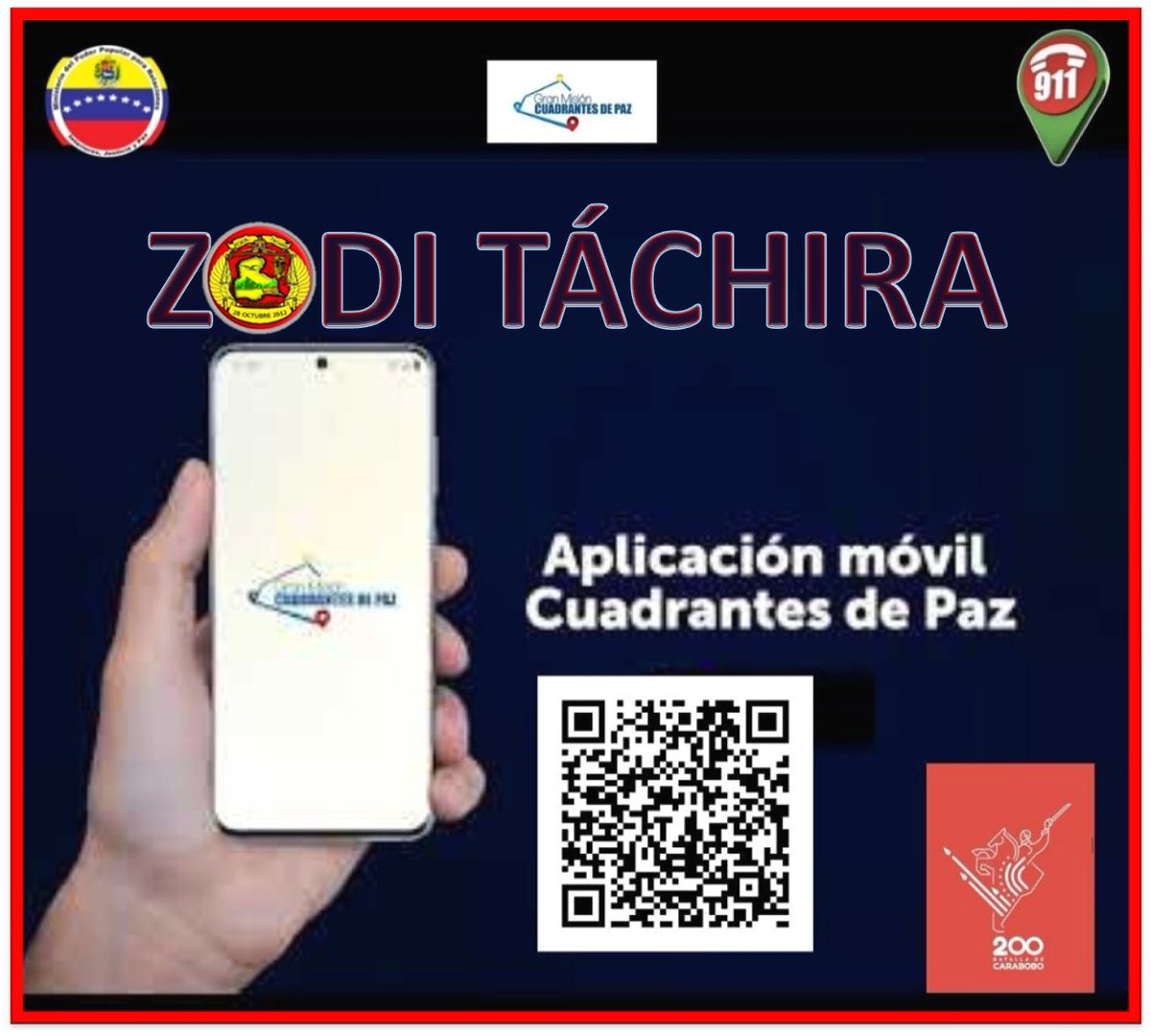 📲D𝗲𝘀𝗰𝗮𝗿𝗴𝗮 𝗹𝗮 APP 𝗖𝗨𝗔𝗗𝗥𝗔𝗡𝗧𝗘𝗦 𝗗𝗘 𝗣𝗔𝗭
✓Desde tu teléfono inteligente escanea el código QR que aparece en la imagen publicada o ingresa a Play Store y escribe la palabra Cuadrantes de Paz. 
✓Descarga e ingresa.

#PatriaVictoriosa