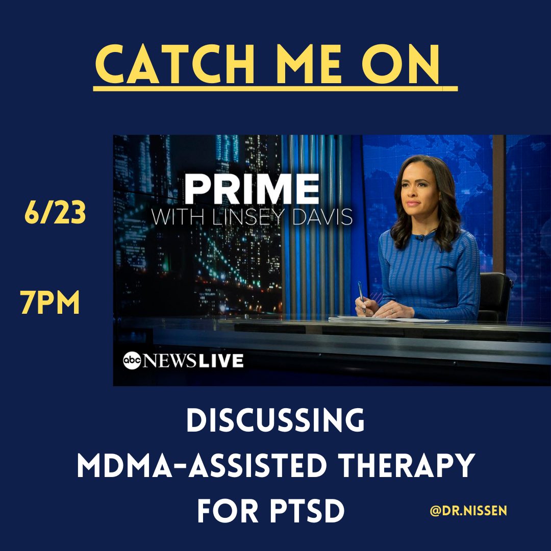 dr_nissen's tweet photo. Honored to be interviewed for ABC News Prime with Linsey Davis. Catch our piece on #mdma-assisted #therapy for #ptsd, looking at the exciting work of @MAPS &amp; @RickDoblin 6/23 at 7pm EST.
 #mentalhealth #medicine #depression #anxiety #health https://t.co/wqyjIV5ewt