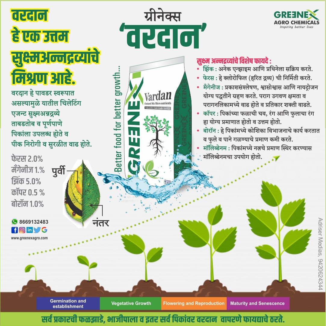 GreenexAgro's tweet photo. पिकांच्या भरघोस उत्पादनासाठी सर्व शेतकऱ्यांना देवाच्या वरदाना सारख मिळालं आहे, Greenex Agro Chemicals चे वरदान. 

#greenexagro #greenex #fertilizers #agriculturalchemicals #organic
#agri #agro #digitalagro  #farming #agriculture #farm #farmlife  #nature #farmer #vardan https://t.co/rTAdyVeMYA