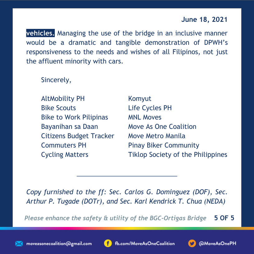 MoveAsOnePH's tweet photo. We would like to call your attention to social and technical issues that will arise if the bridge is designed mainly to serve cars – which 88% of Metro Manila households do not own.

#ProtectedBikeLanesNOW #SafePathwaysNOW 

Read our full letter: https://t.co/mGCOXOpwYR

[2/2] https://t.co/TOZr9okIDF