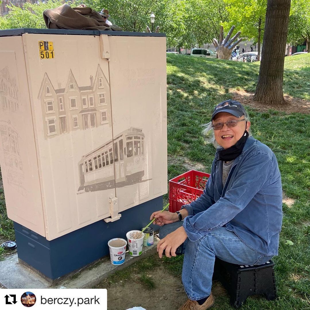The bellbox on Scott &amp; Wellington is getting a beautiful refreshing coat of paint, courtesy of exceptional artist Tak Bui. Check it out next time you're in the 'hood! #ArtistOnTwitter #OTT