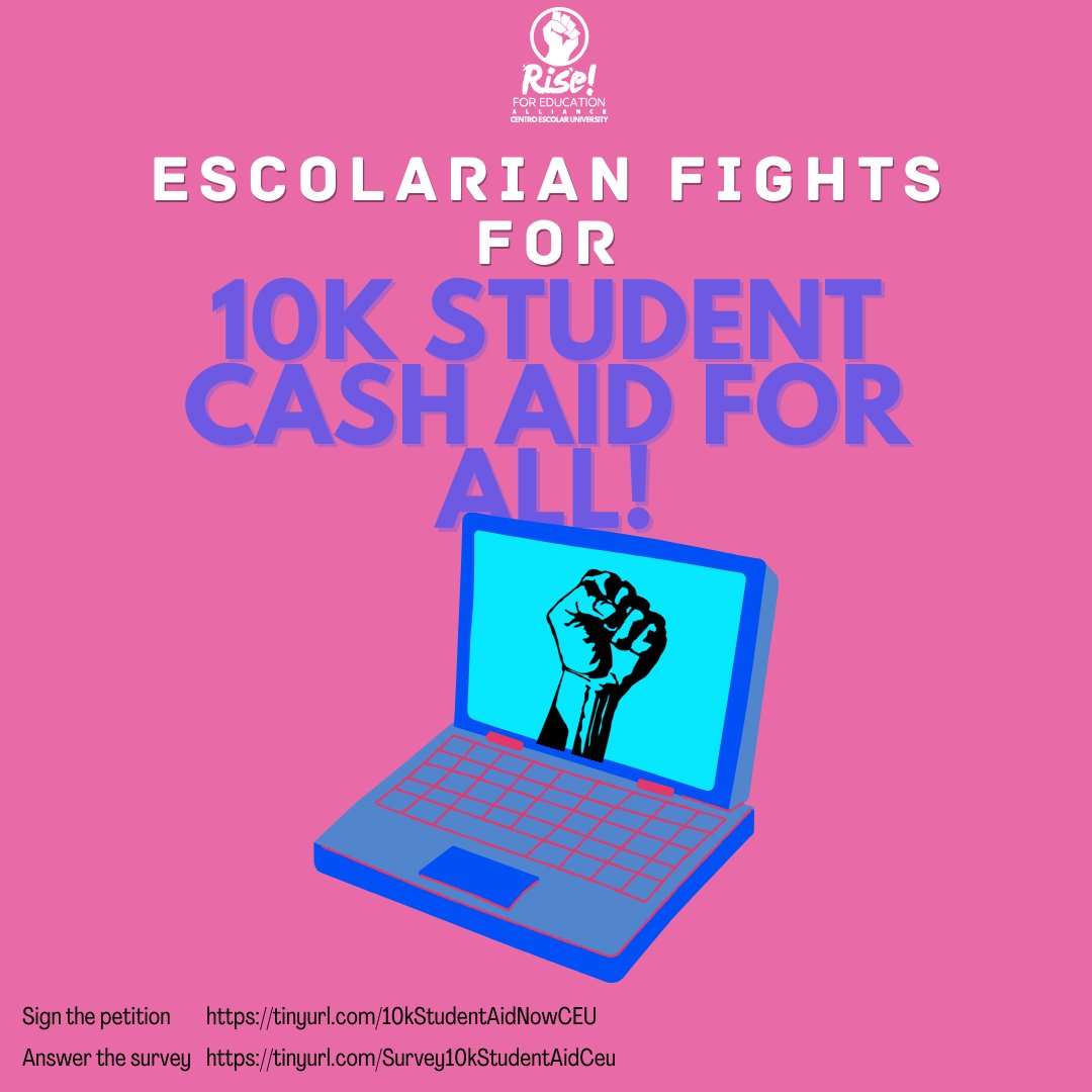R4ECEU's tweet photo. RISE FOR EDUCATION CEU SUPPORTS P10,000 STUDENT AID FOR ALL!

Sign here: 
https://t.co/zOTDksLPqP

Don't forget to sign the survey form: https://t.co/KexOfWVWru

Read the Full Statement here: 
https://t.co/38Ulnn5SaA

#10kStudentAidNow https://t.co/k3Zmsv2snI