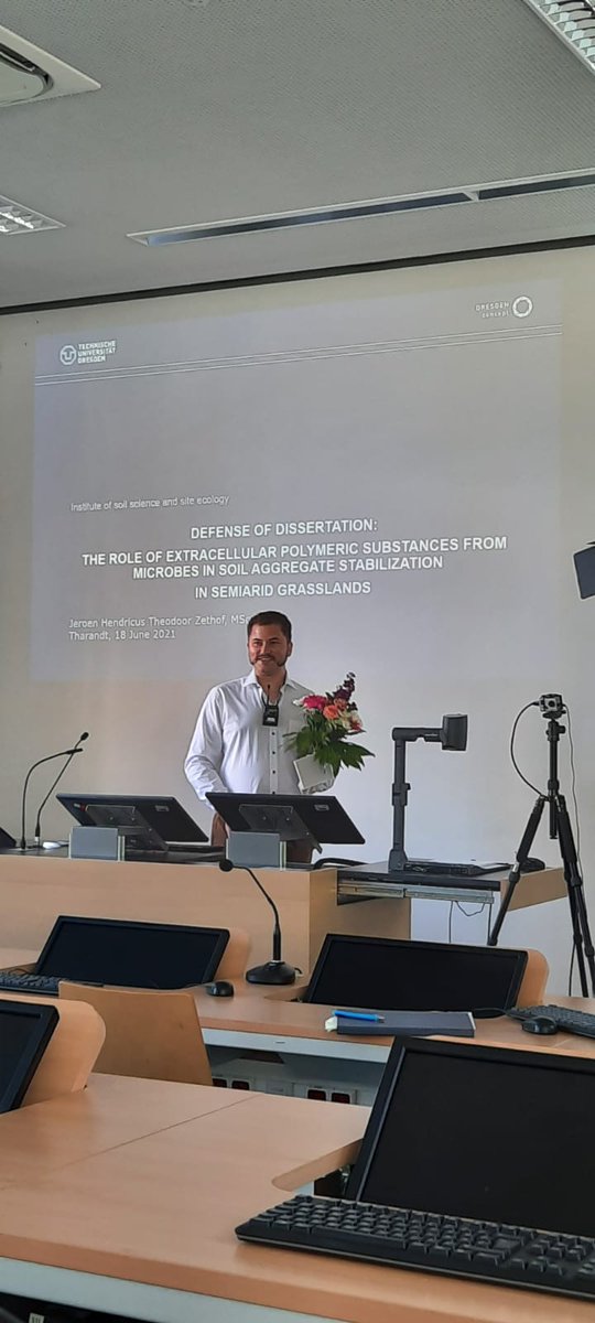 JhtZethof's tweet photo. Defended yesterday with great success my dissertation and survived the "real defense" by which I obtained a beautifully decorated mortarboard from my great colleagues of the @SoilTUD institute. https://t.co/0rcRfrZmA6