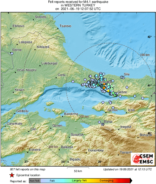 LastQuake's tweet photo. M4.1 #earthquake (#deprem) strikes 27 km E of #İstanbul (#Turkey) 8 min ago. Effects reported by eyewitnesses: https://t.co/yMRWfXYdFt
