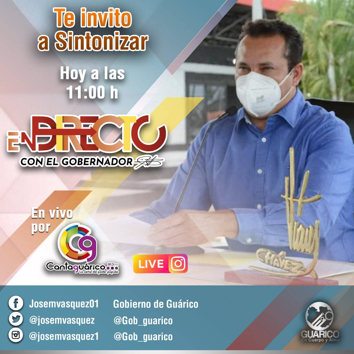 #HOY sintoniza una nueva emisión de tu programa #EnDirectoConElGobernador <a href="/josemvasquez/">José Vásquez</a> a través de Cantaguárico 91.3 FM dónde ofrecerá información de interés al pueblo guariqueño. 

#GuáricoEnUnidadTrabajaParaElPueblo
