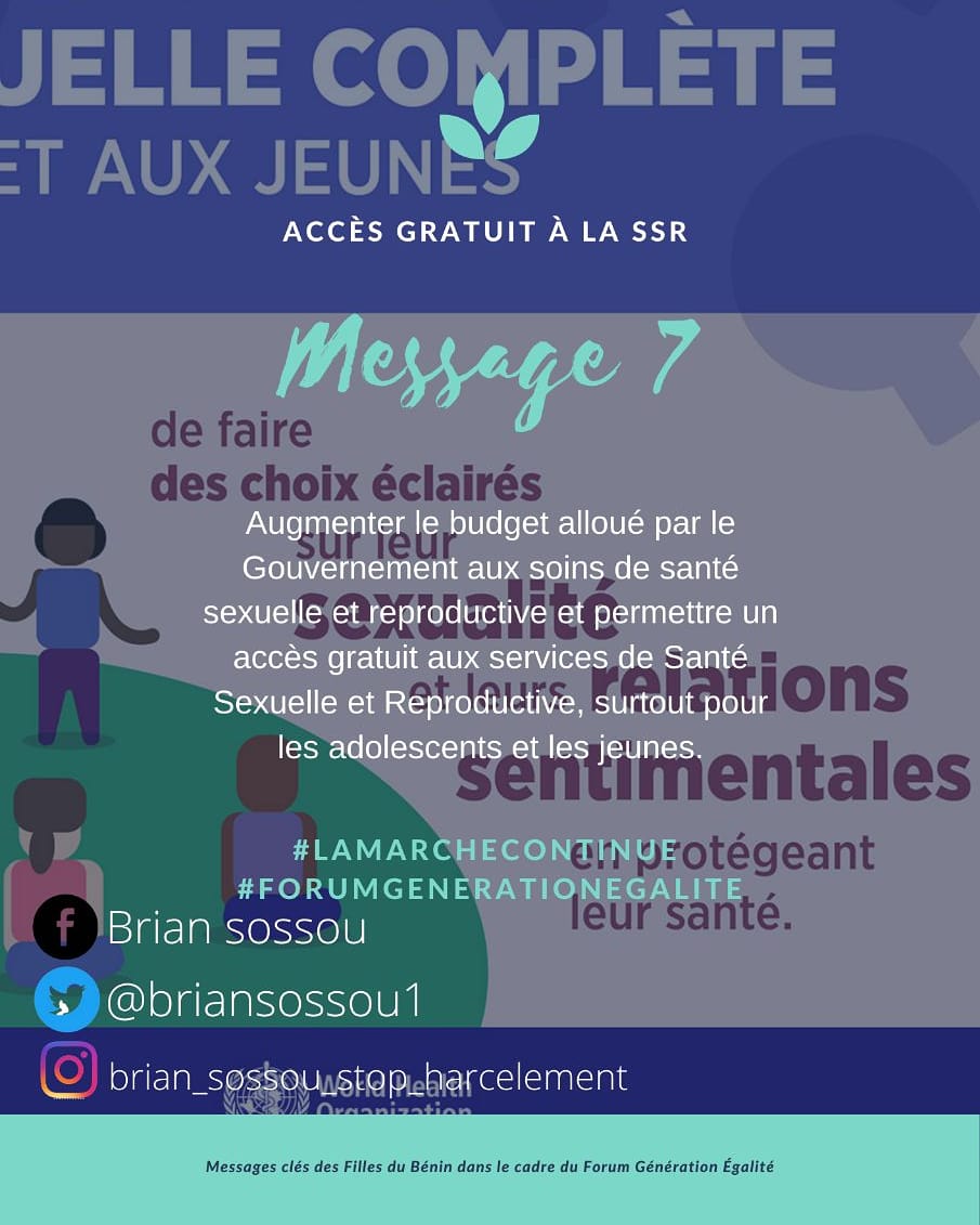 𝗠𝗲𝘀𝘀𝗮𝗴𝗲𝘀 𝗰𝗹𝗲́𝘀 𝗱𝗲𝘀 𝗙𝗶𝗹𝗹𝗲𝘀 𝗱𝘂 𝗕𝗲́𝗻𝗶𝗻 🇧🇯🇧🇯🇧🇯 𝗱𝗮𝗻𝘀 𝗹𝗲 𝗰𝗮𝗱𝗿𝗲 𝗱𝘂 𝗙𝗼𝗿𝘂𝗺 𝗚𝗲́𝗻𝗲́𝗿𝗮𝘁𝗶𝗼𝗻 𝗘́𝗴𝗮𝗹𝗶𝘁𝗲́ 

𝗠𝗲𝘀𝘀𝗮𝗴𝗲 𝟳

#H1000FGE #LaMarcheContinue #NosVoixComptent #GénérationÉgalité #Égalitéonagit #GenerationEquality