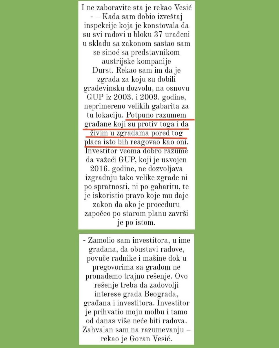 Blok37P's tweet photo. Podsetimo se Vesićevih reči od pre desetak dana.
Stanovnici bloka 37 čekaju da im se obrati grad.
Važeći GUP koji je usvojen 2016. godine, ne dozvoljava izgradnju tako velike zgrade ni po spratnosti, ni po gabaritu. 
#blok37 #novibeograd #Beograd #gradiliste #blokovi #stopgradnji https://t.co/jzJPWOpj3Q