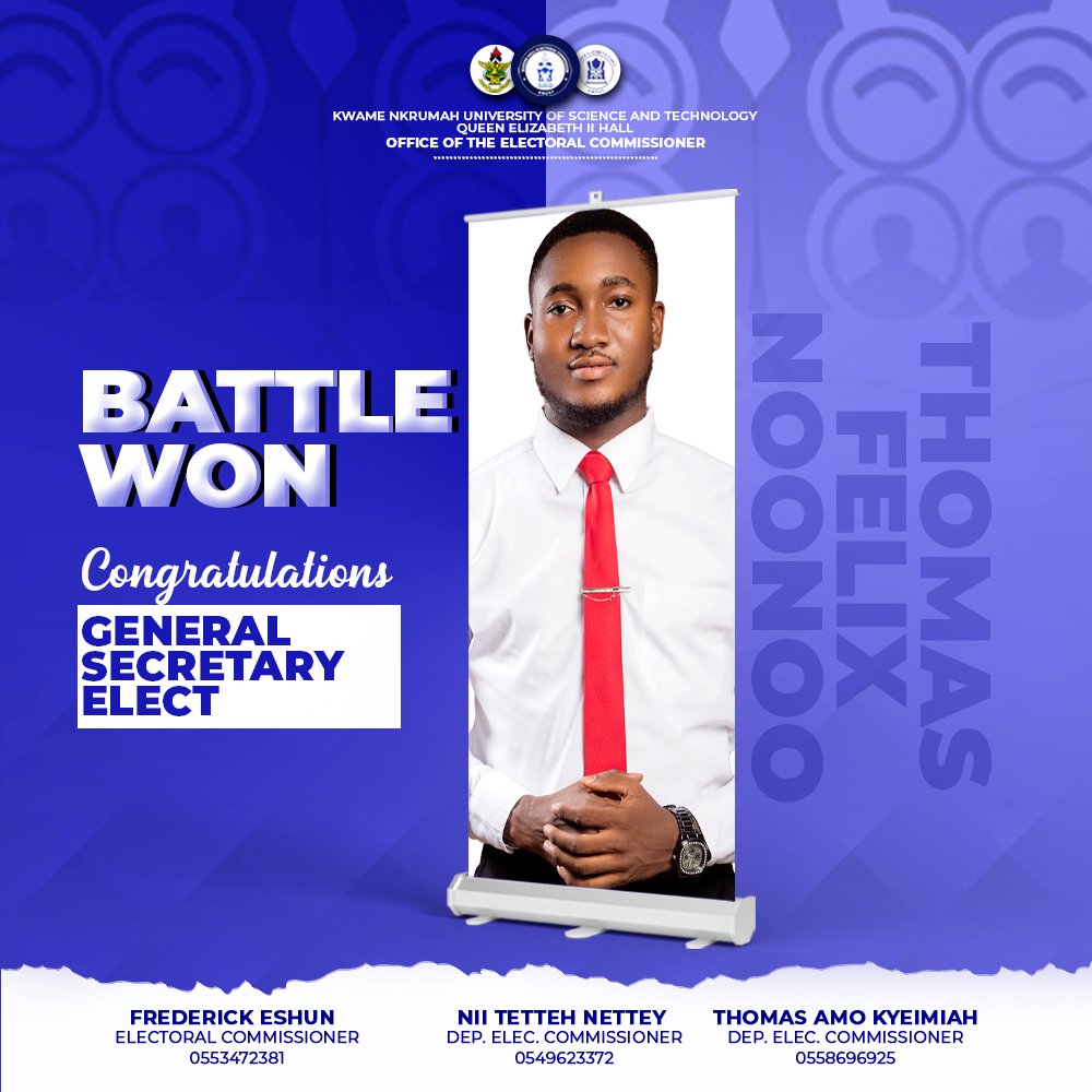 Queenshall_ec's tweet photo. CONGRATULATIONS to Thomas Felix Noonoo as Queen Elizabeth II Hall newly elected General Secretary. The office of the Electoral Commission wishes you all the best 🙌🏾

QUEENS HALL HAS DECIDED📦

©️QUEENS HALL EC https://t.co/AzZtBnnqUg
