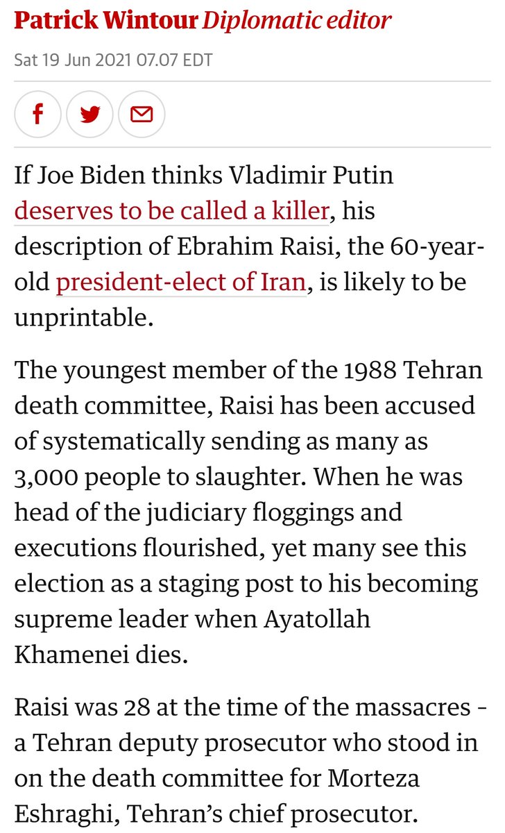 (#TheGuardian) #IranElection

#Presidentelect, #EbrahimRaisi, is #hardliner linked with #massexecutions.

#BreakingNews878👁️
#ℜ𝔢𝔰𝔭𝔢𝔠𝔱𝔱𝔥𝔢𝔇𝔢𝔞𝔡🌹
theguardian.com/world/2021/jun…

via @GoogleNews
