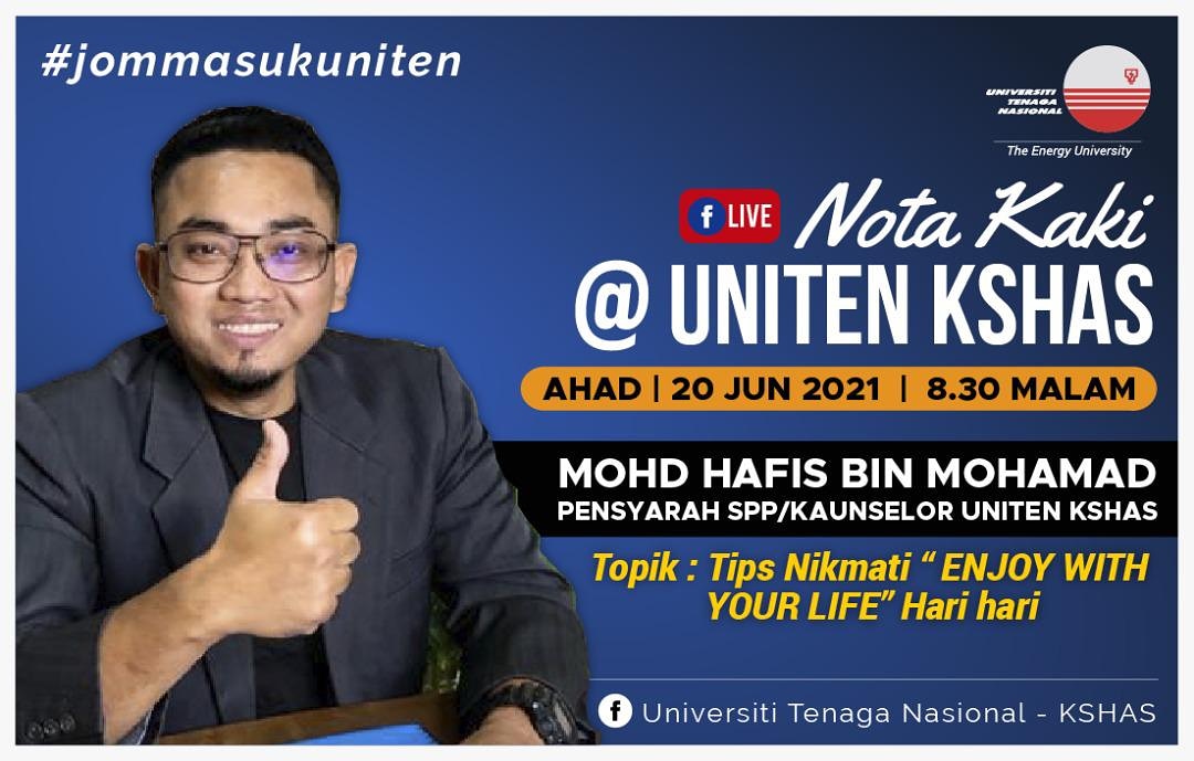 UnitenK's tweet image. Saksikan siri FB Live terbaru UNITEN KSHAS, 'Nota Kaki' yang akan bersiaran setiap hari Ahad pada pukul 8.30 malam.

Jom sama-sama kita saksikan dan mengambil buah ilmu daripadanya.

Link page: facebook.com/unitenkshas/

#KITAJAGAKITA #KITAUNITEN #KitaBersama #JomMasukUNITEN