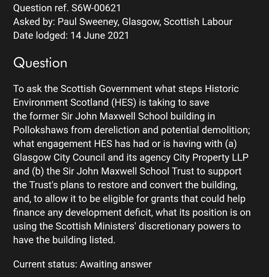 PaulJSweeney's tweet photo. Glad to see that Glasgow City Council will now look at restoring the Sir John Maxwell School building with @JohnMaxwellgro1 and their @glasgowecohub project. It is critical to get the school building listed by @HistEnvScot, and I have asked @AngusRobertson to reconsider listing. https://t.co/9RT3BkkHGE