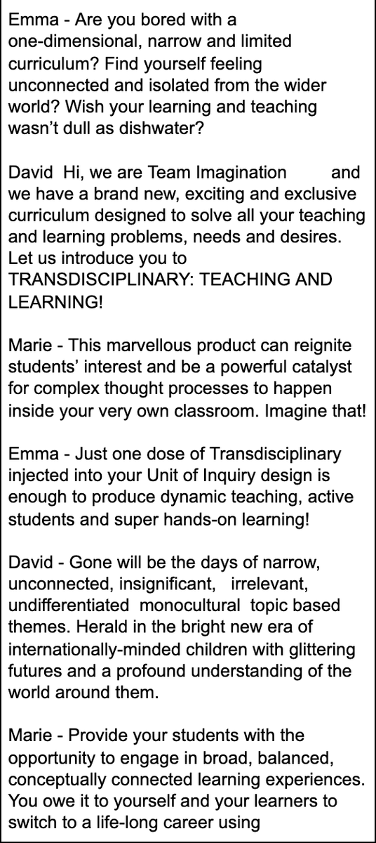 marcellevleenen's tweet photo. Deep #understanding on #transdisciplinary learning presented in creative ways, in #IBEN Making the PYP Happen #MTPYPH #virtual https://t.co/37YrJEANuE